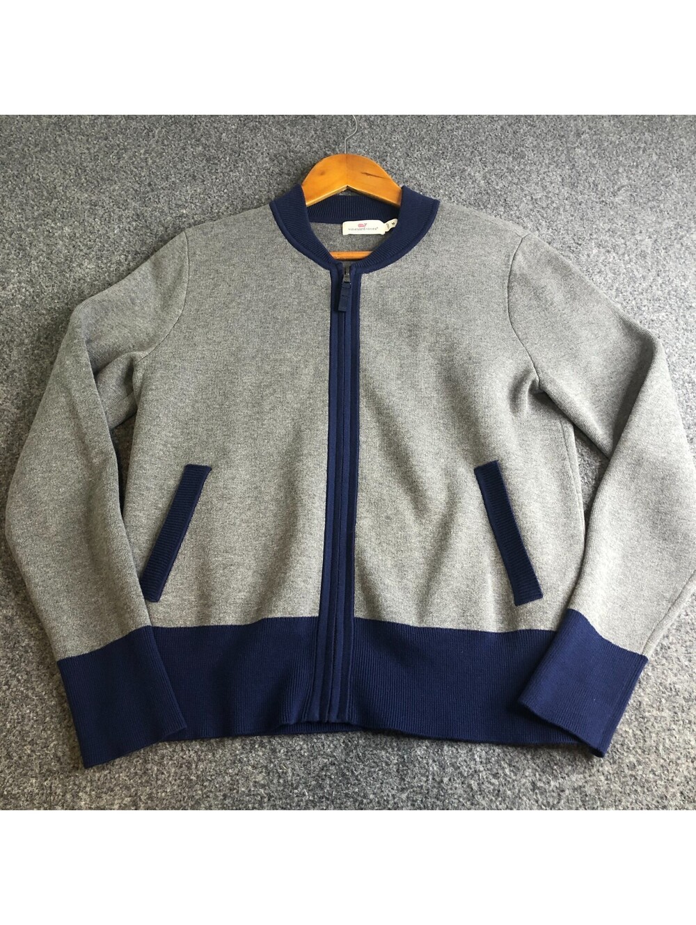 Vineyard Vines Jacket Womens Medium Gray Blue Color Block Sweater Knit Coastal